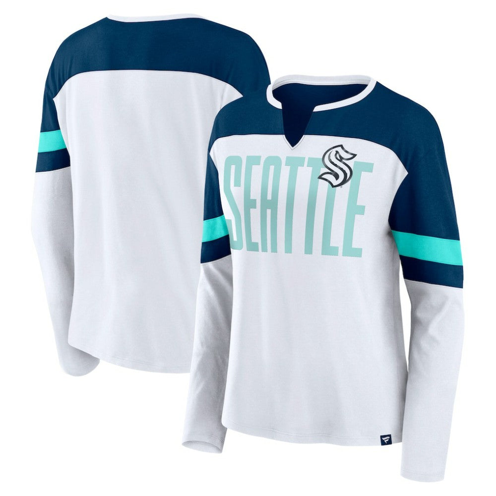 Seattle Kraken Fanatics Women's Frozen Long Sleeve Notch Neck T-Shirt - White/Deep Sea Blue T-shirts