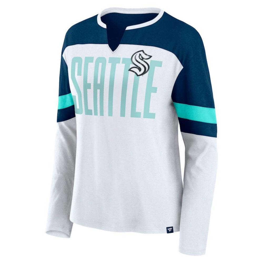 Seattle Kraken Fanatics Women's Frozen Long Sleeve Notch Neck T-Shirt - White/Deep Sea Blue T-shirts