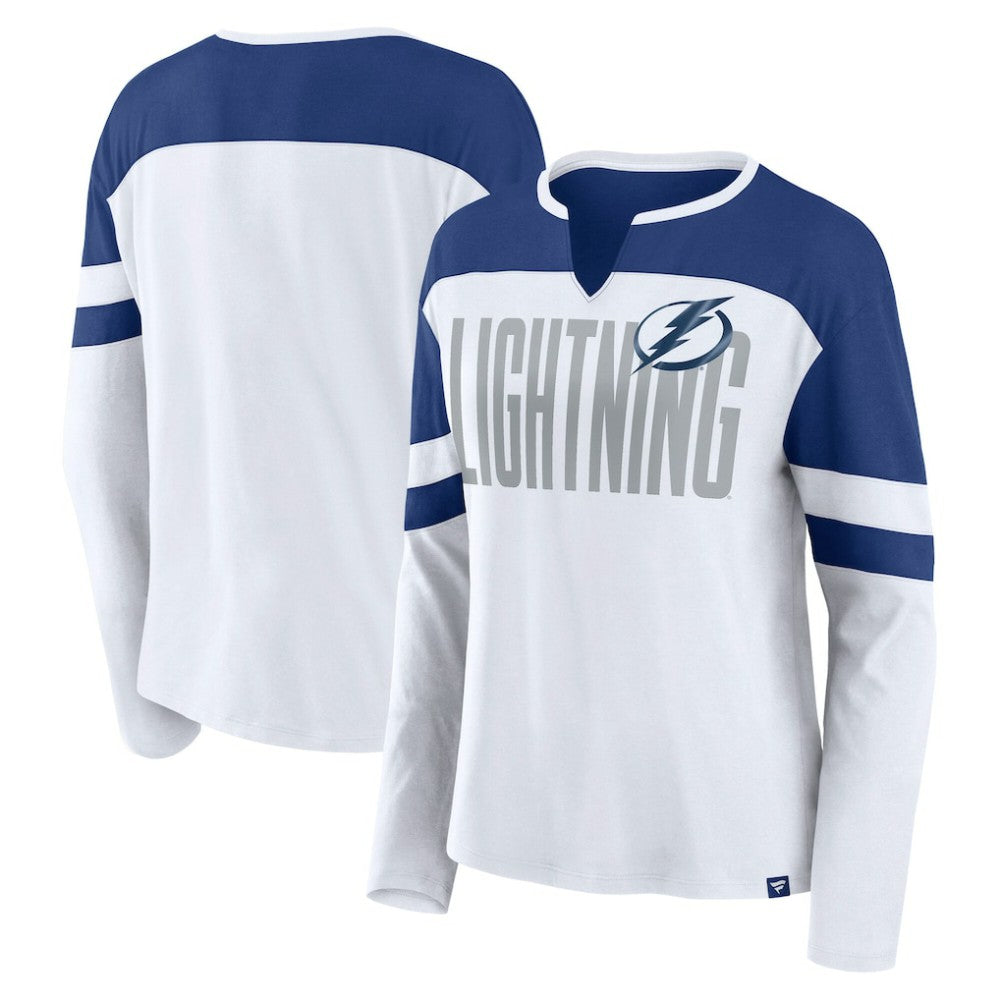 Tampa Bay Lightning Fanatics Women's Frozen Long Sleeve Notch Neck T-Shirt - White/Blue T-shirts