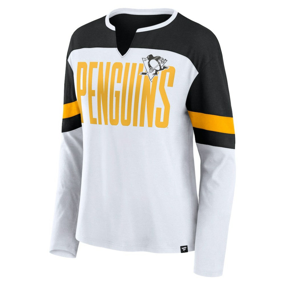 Pittsburgh Penguins Fanatics Women's Frozen Long Sleeve Notch Neck T-Shirt - White/Black T-shirts