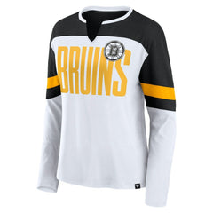 Boston Bruins Fanatics Women's Frozen Long Sleeve Notch Neck T-Shirt - White/Black T-shirts