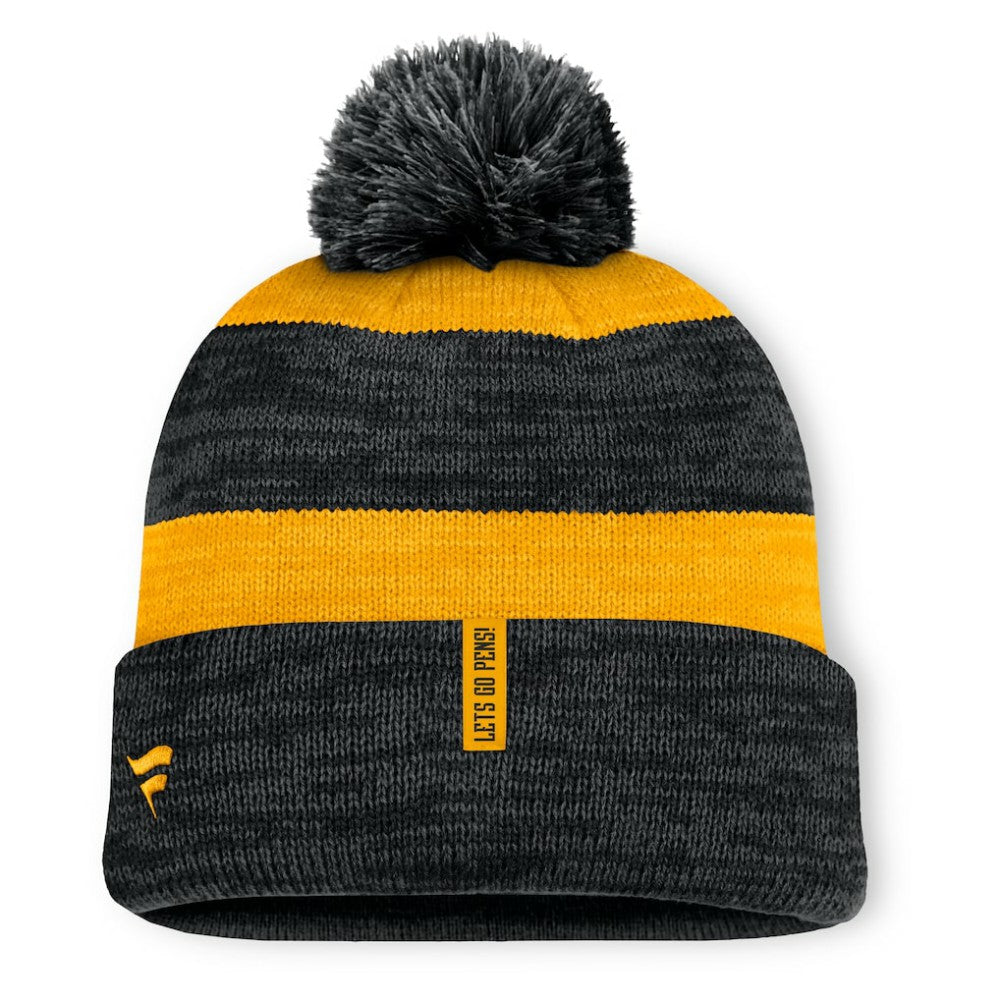 Pittsburgh Penguins Fanatics Fundamental Red Line Cuffed Knit Hat with Pom - Black Hats