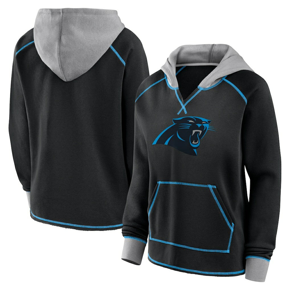 Carolina Panthers Logo Athletic Women's Boom Fleece Pullover V-Neck Hoodie - Black on sale