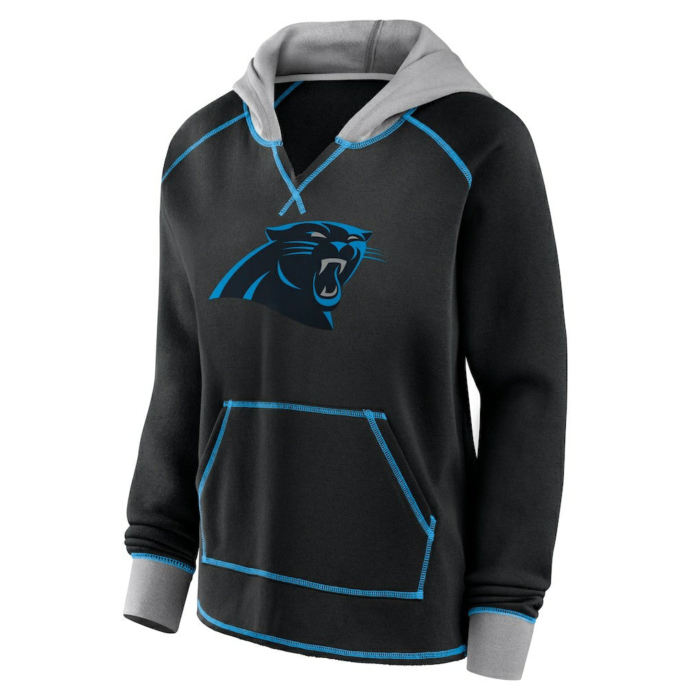 Carolina Panthers Logo Athletic Women's Boom Fleece Pullover V-Neck Hoodie - Black on sale