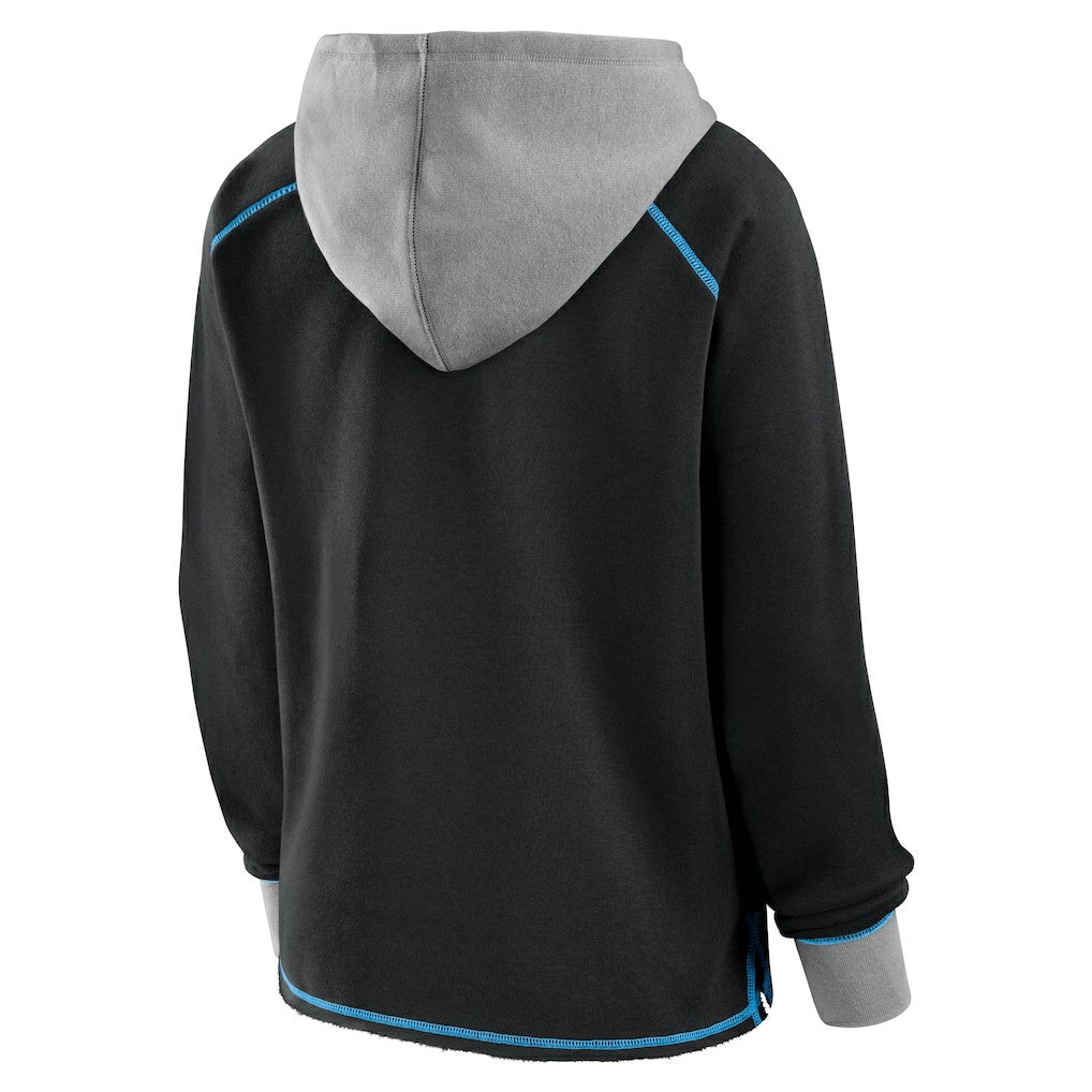 Carolina Panthers Logo Athletic Women's Boom Fleece Pullover V-Neck Hoodie - Black on sale
