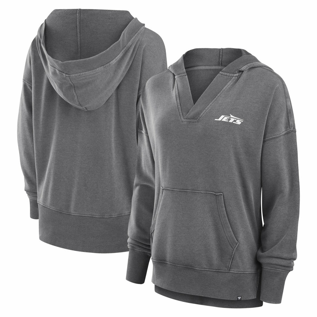 New York Jets Women's Initiative Snow Wash French Terry V-Neck Pullover Hoodie - Heather Charcoal on sale