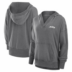 New York Jets Women's Initiative Snow Wash French Terry V-Neck Pullover Hoodie - Heather Charcoal on sale