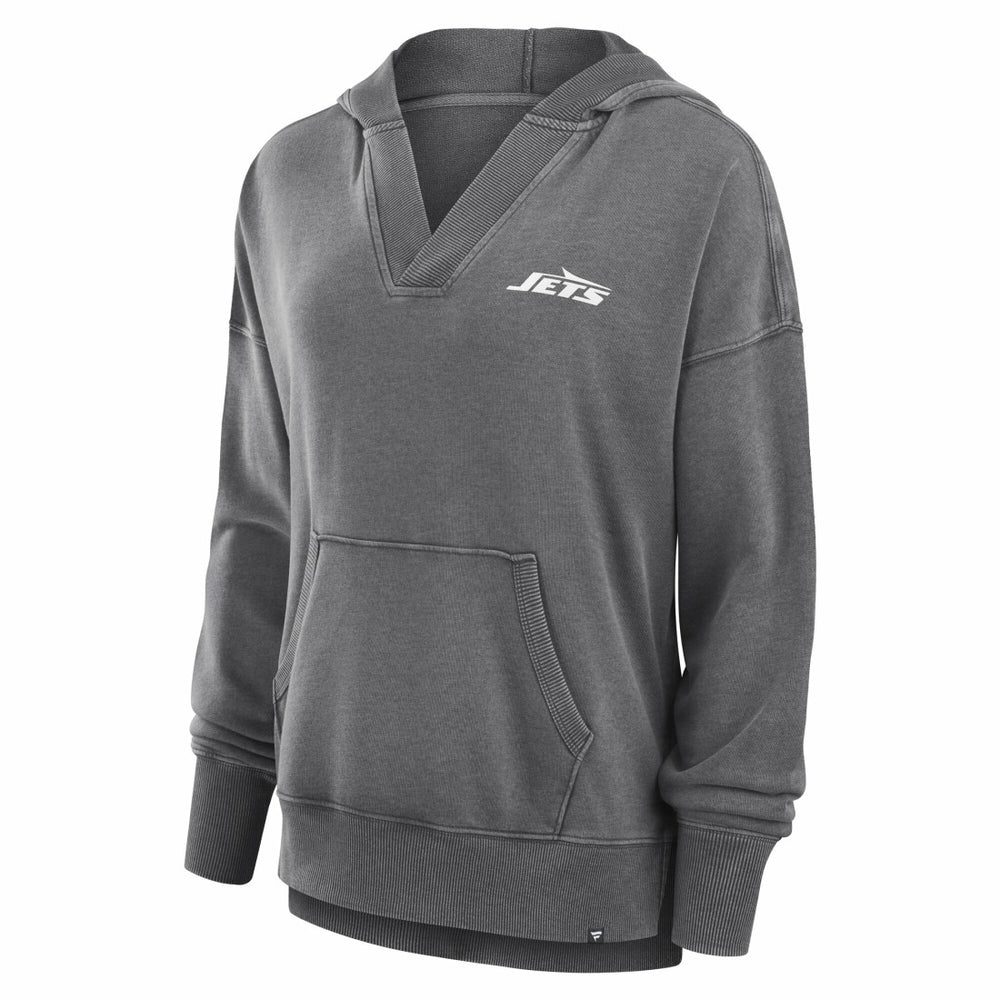 New York Jets Women's Initiative Snow Wash French Terry V-Neck Pullover Hoodie - Heather Charcoal on sale