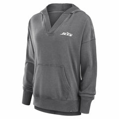New York Jets Women's Initiative Snow Wash French Terry V-Neck Pullover Hoodie - Heather Charcoal on sale