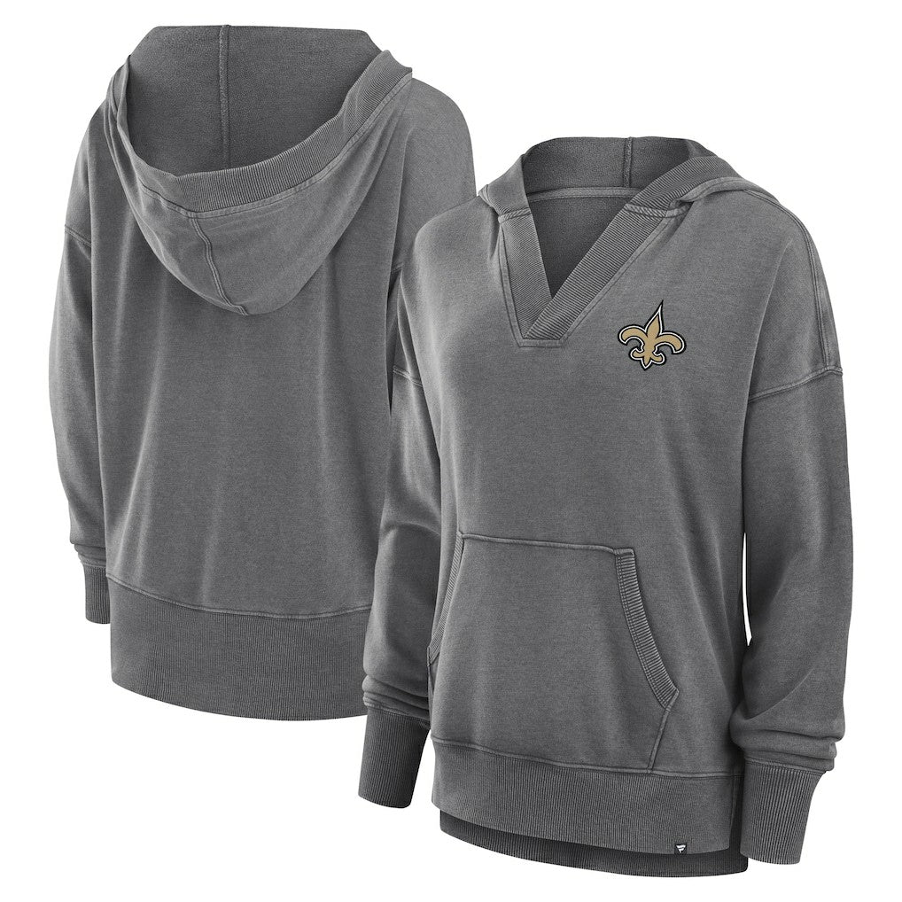 New Orleans Saints Women's Initiative Snow Wash French Terry V-Neck Pullover Hoodie - Heather Charcoal on sale
