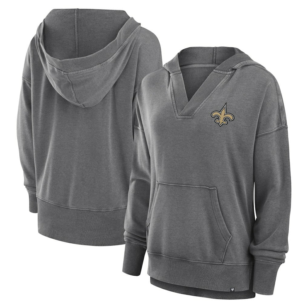 New Orleans Saints Women's Initiative Snow Wash French Terry V-Neck Pullover Hoodie - Heather Charcoal on sale