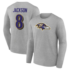 Lamar Jackson Baltimore Ravens Icon Player Name & Number Long Sleeve T-Shirt - Gray outlet