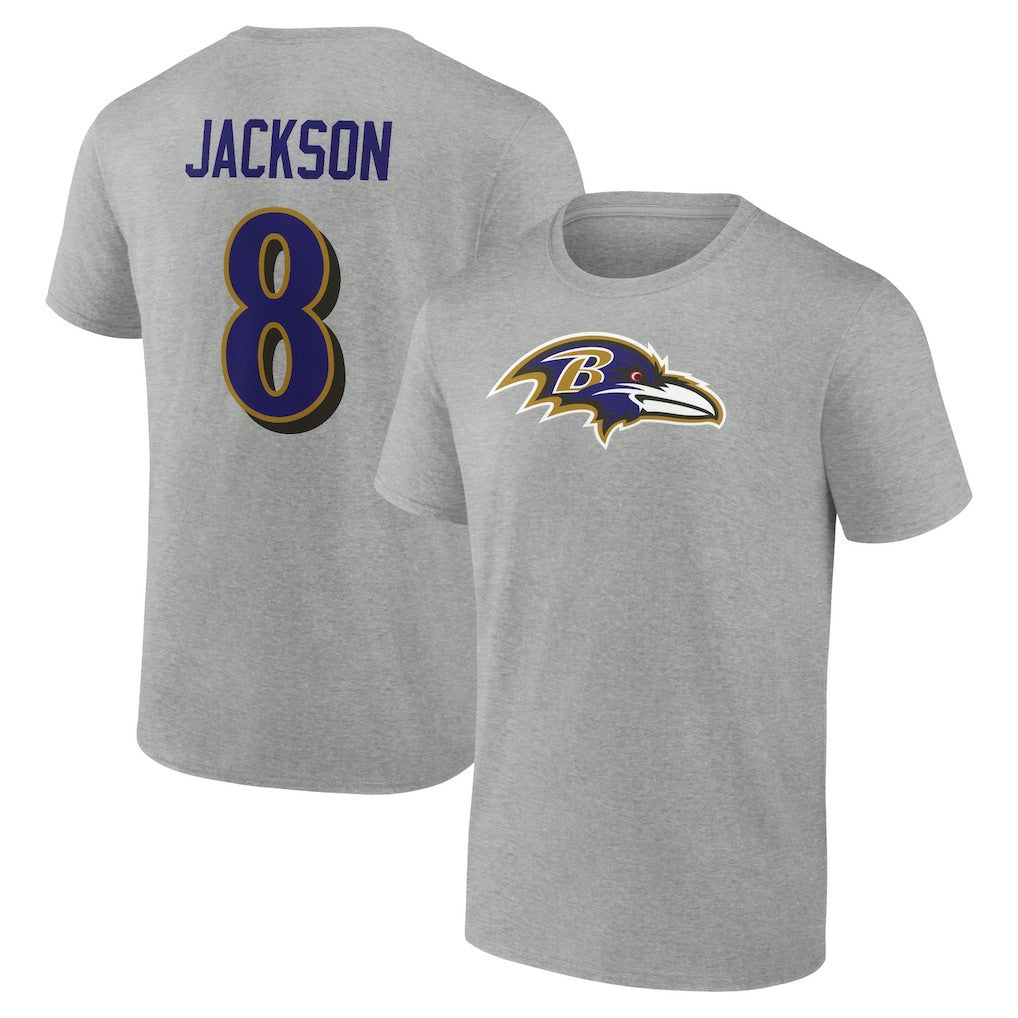 Lamar Jackson Baltimore Ravens Icon Player Name & Number T-Shirt - Gray online