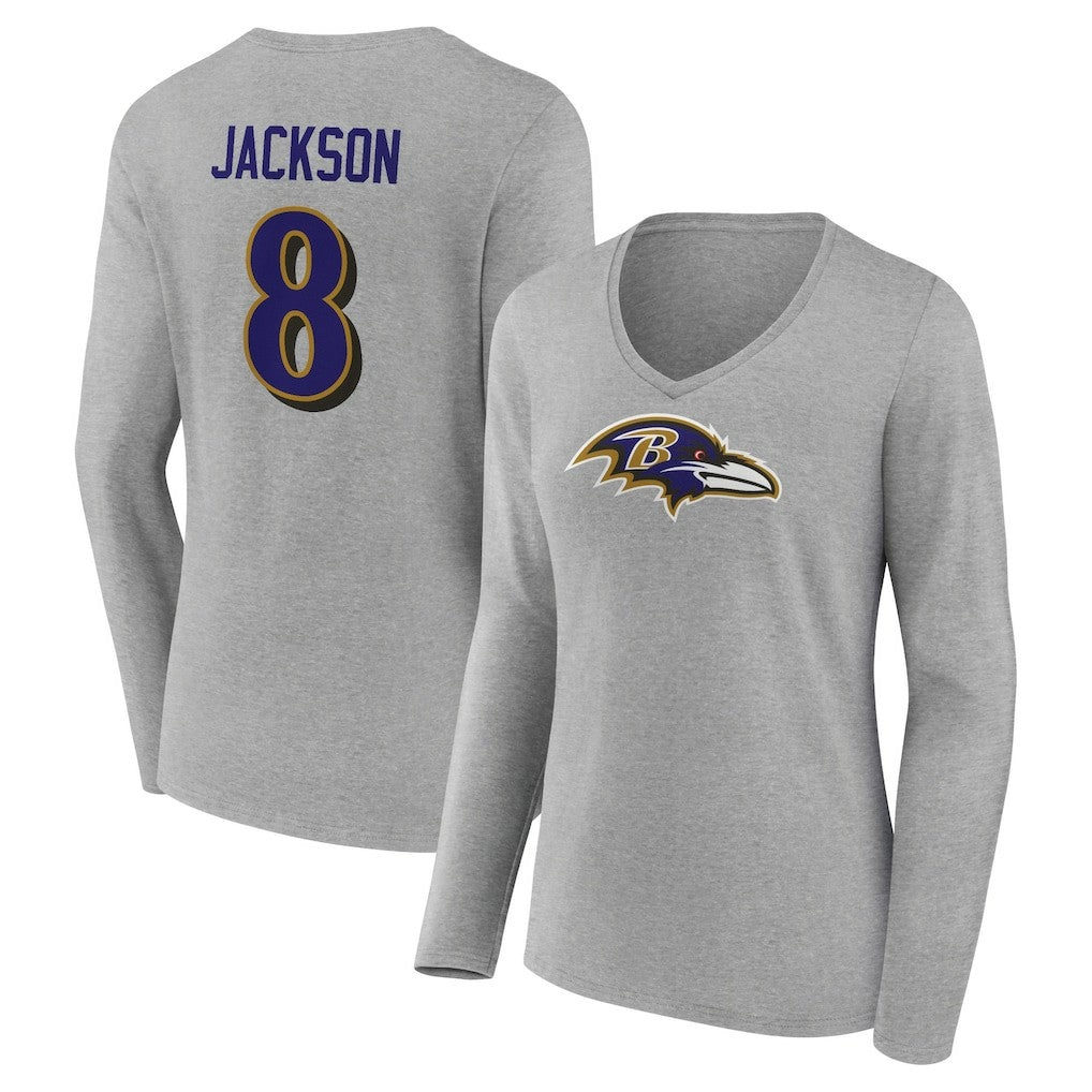 Lamar Jackson Baltimore Ravens Women's Icon Player Name & Number Long Sleeve V-Neck T-Shirt - Gray sale