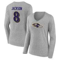 Lamar Jackson Baltimore Ravens Women's Icon Player Name & Number Long Sleeve V-Neck T-Shirt - Gray sale