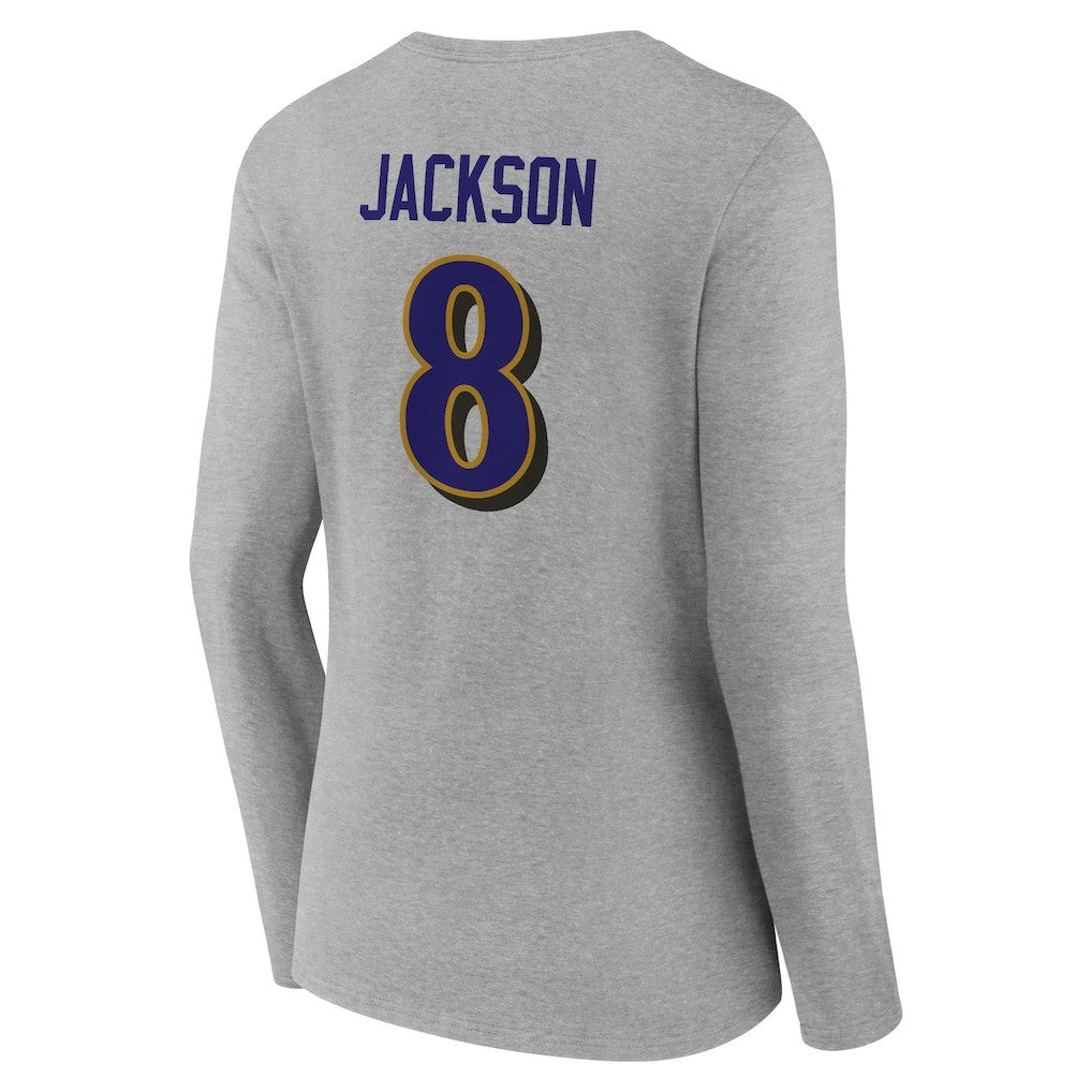Lamar Jackson Baltimore Ravens Women's Icon Player Name & Number Long Sleeve V-Neck T-Shirt - Gray sale