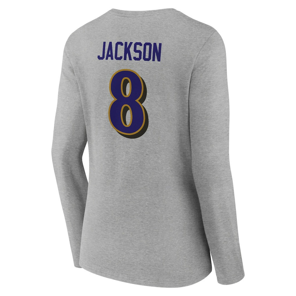 Lamar Jackson Baltimore Ravens Women's Icon Player Name & Number Long Sleeve V-Neck T-Shirt - Gray sale