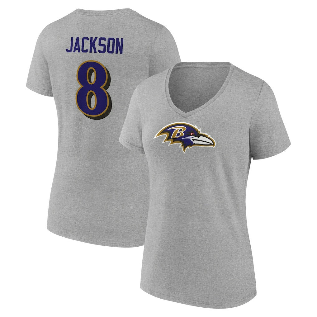 Lamar Jackson Baltimore Ravens Women's Icon Player Name & Number V-Neck T-Shirt - Gray outlet