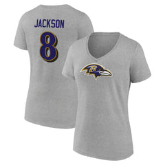 Lamar Jackson Baltimore Ravens Women's Icon Player Name & Number V-Neck T-Shirt - Gray outlet