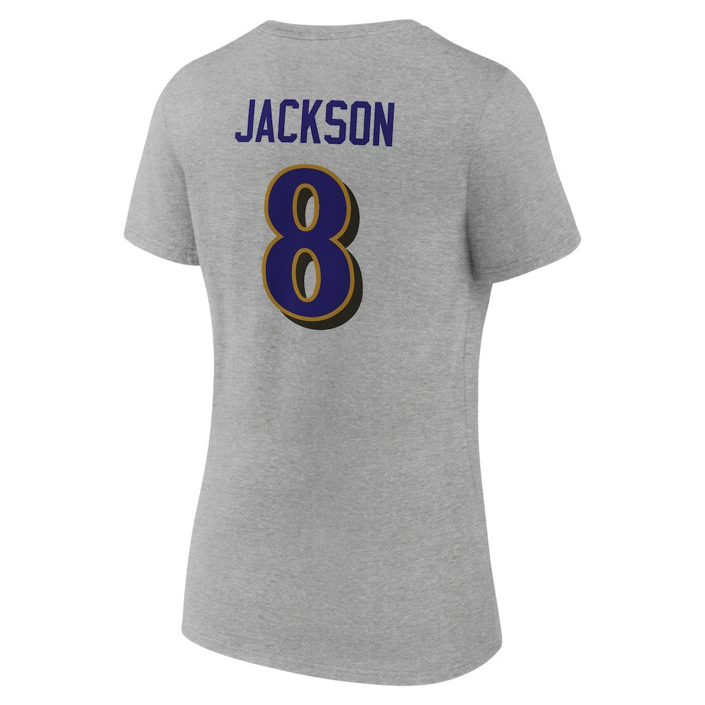 Lamar Jackson Baltimore Ravens Women's Icon Player Name & Number V-Neck T-Shirt - Gray outlet