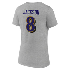 Lamar Jackson Baltimore Ravens Women's Icon Player Name & Number V-Neck T-Shirt - Gray outlet
