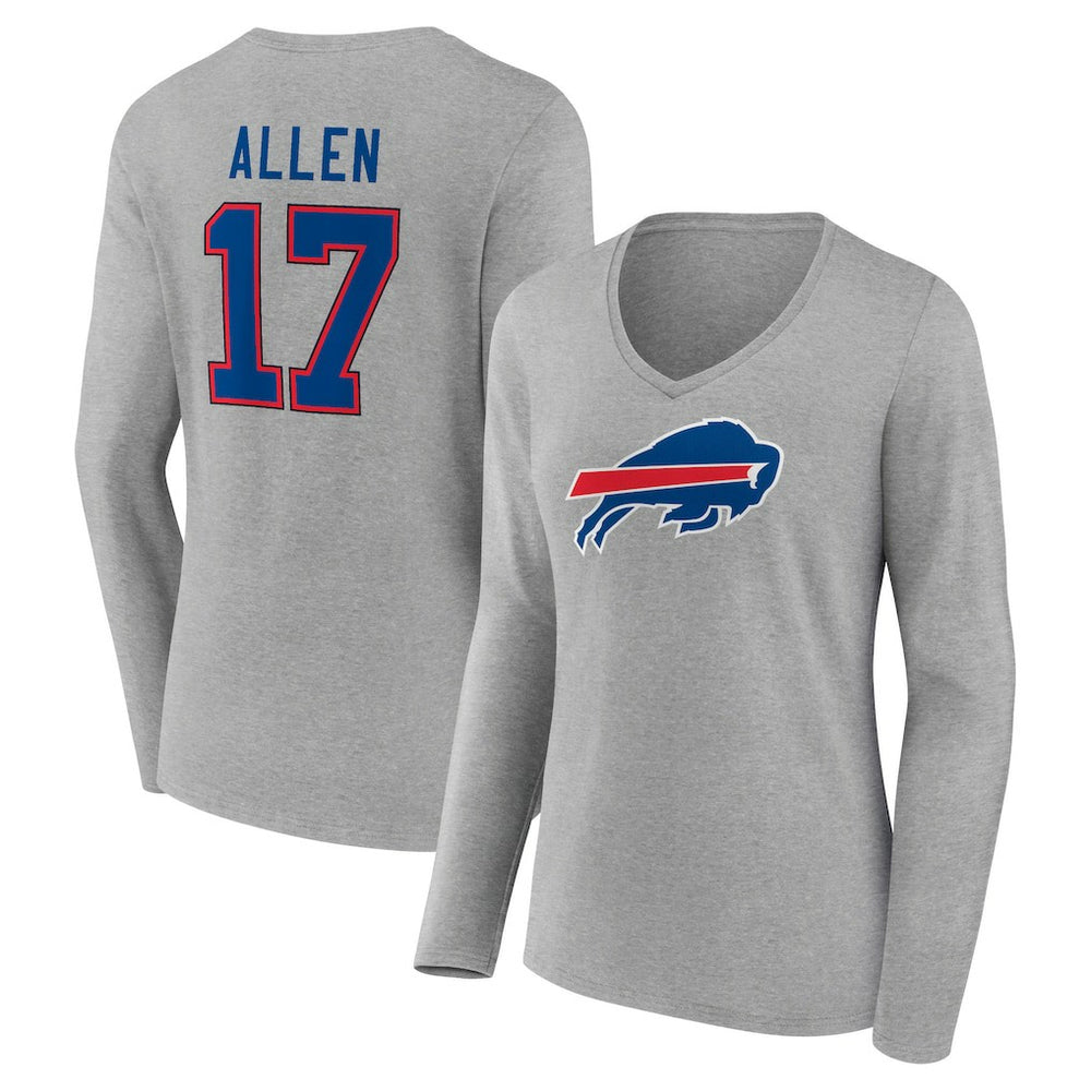 Josh Allen Buffalo Bills Women's Icon Player Name & Number Long Sleeve V-Neck T-Shirt - Gray outlet
