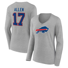 Josh Allen Buffalo Bills Women's Icon Player Name & Number Long Sleeve V-Neck T-Shirt - Gray outlet
