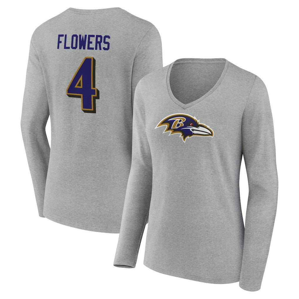 Zay Flowers Baltimore Ravens Women's Icon Player Name & Number Long Sleeve V-Neck T-Shirt - Gray on sale