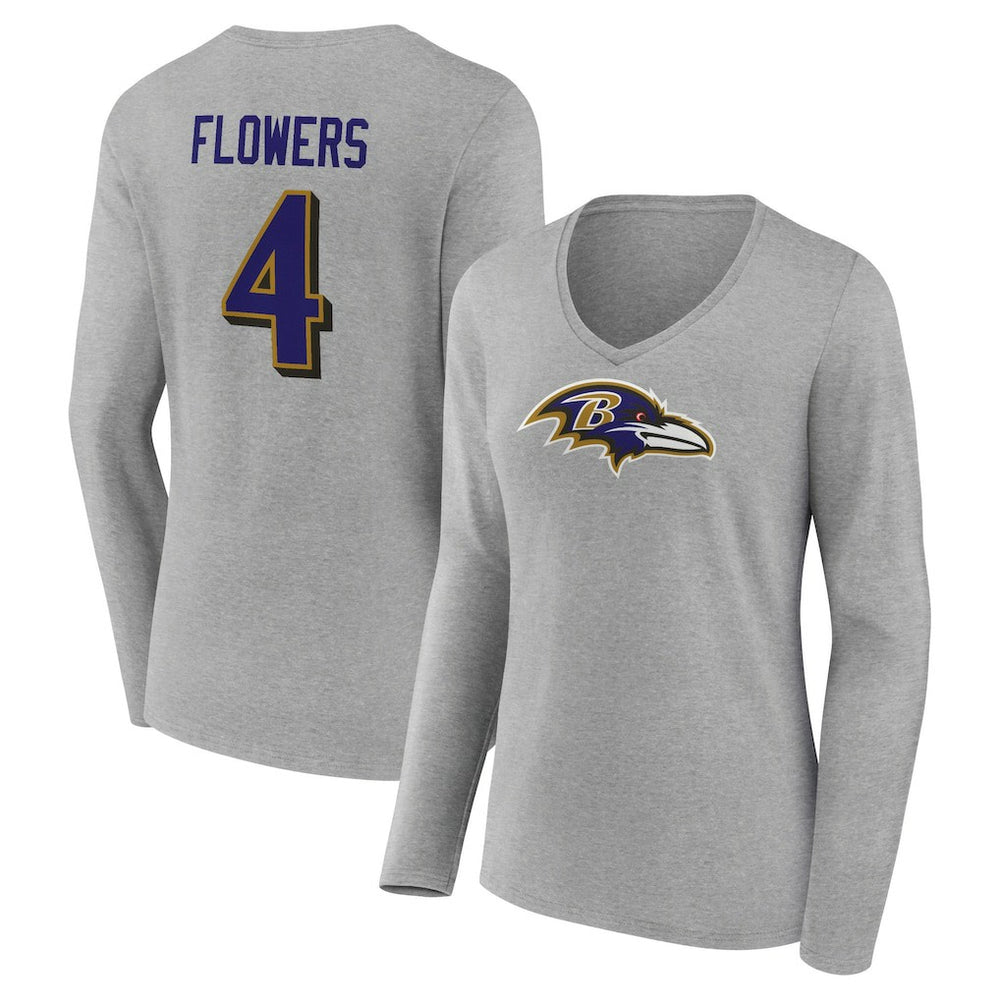 Zay Flowers Baltimore Ravens Women's Icon Player Name & Number Long Sleeve V-Neck T-Shirt - Gray on sale