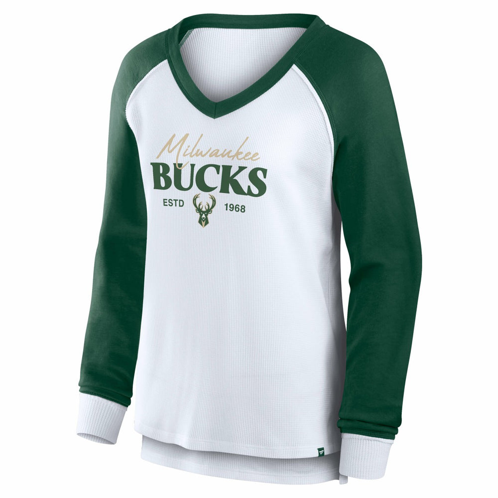 Milwaukee Bucks Women's Open Lane Waffle Long Sleeve V-Neck T-Shirt - White sale