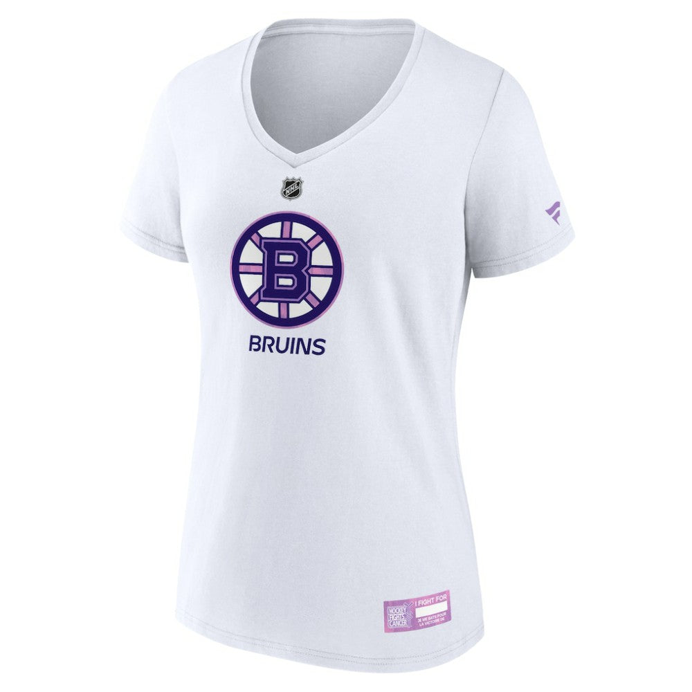 Boston Bruins Fanatics Women's 2024 Hockey Fights Cancer V-Neck T-Shirt - White T-shirts