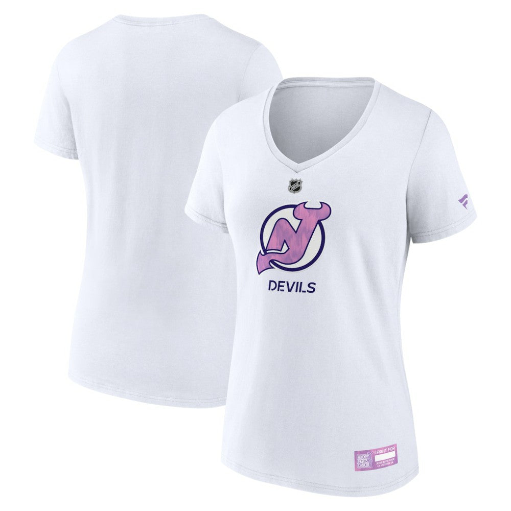New Jersey Devils Fanatics Women's 2024 Hockey Fights Cancer V-Neck T-Shirt - White T-shirts