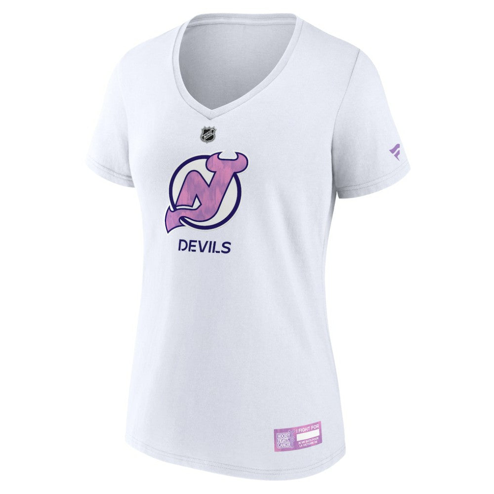New Jersey Devils Fanatics Women's 2024 Hockey Fights Cancer V-Neck T-Shirt - White T-shirts