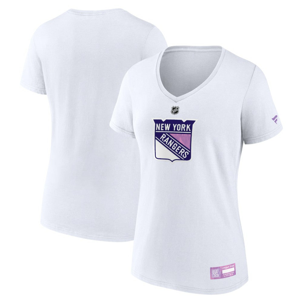 New York Rangers Fanatics Women's 2024 Hockey Fights Cancer V-Neck T-Shirt - White T-shirts