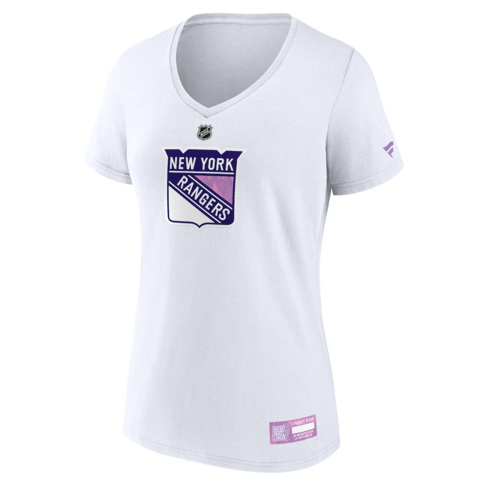 New York Rangers Fanatics Women's 2024 Hockey Fights Cancer V-Neck T-Shirt - White T-shirts