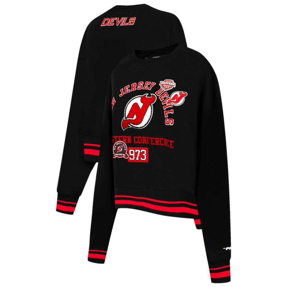 New Jersey Devils Pro Standard Women's Area Code Cropped Pullover Sweatshirt - Black Sweatshirts