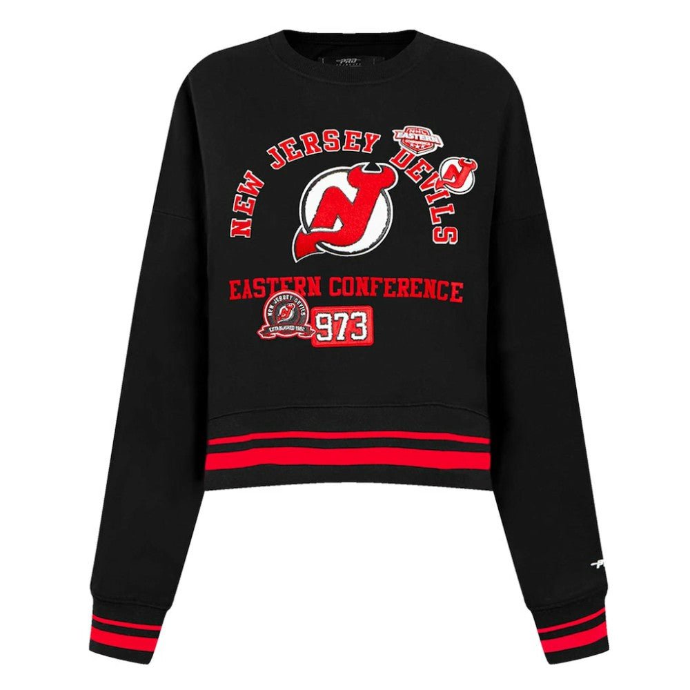 New Jersey Devils Pro Standard Women's Area Code Cropped Pullover Sweatshirt - Black Sweatshirts