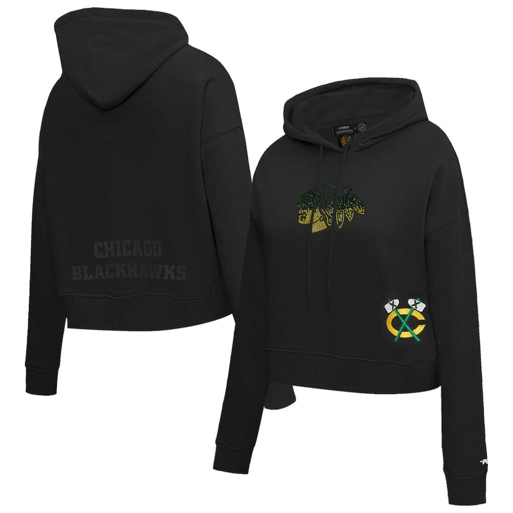 Chicago Blackhawks Pro Standard Women's Jewels Cropped Pullover Hoodie - Black Hoodies