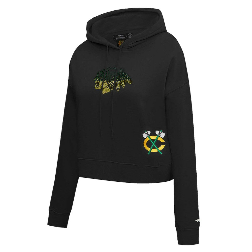 Chicago Blackhawks Pro Standard Women's Jewels Cropped Pullover Hoodie - Black Hoodies