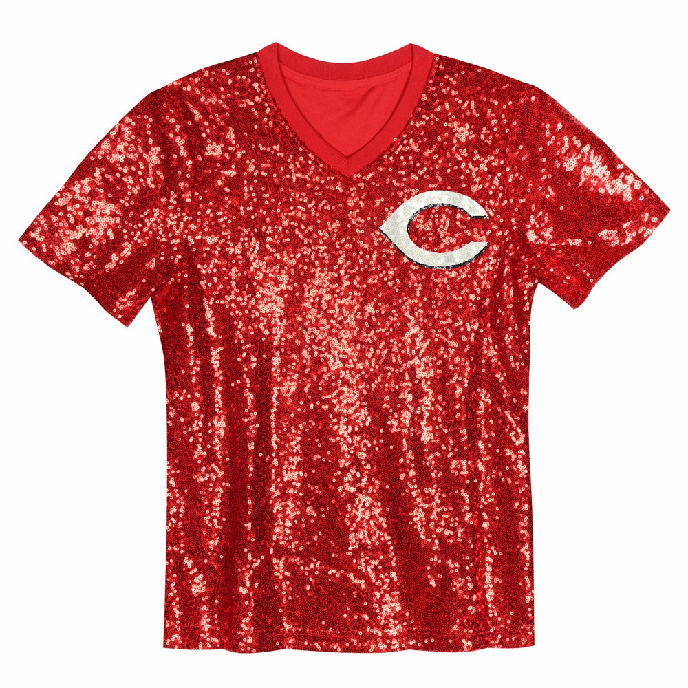 Elly De La Cruz Cincinnati Reds Juniors Name & Number Sequin V-Neck Top Red