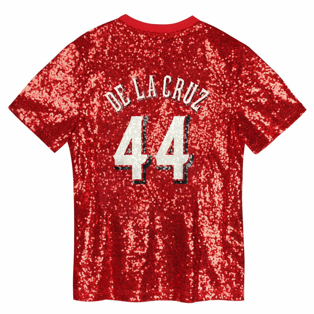 Elly De La Cruz Cincinnati Reds Juniors Name & Number Sequin V-Neck Top Red
