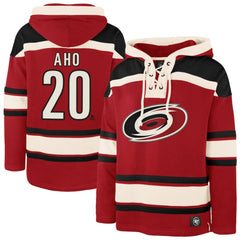 Sebastian Aho Carolina Hurricanes '47 Player Name & Number Lacer Pullover Hoodie - Red Hoodies