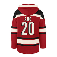 Sebastian Aho Carolina Hurricanes '47 Player Name & Number Lacer Pullover Hoodie - Red Hoodies