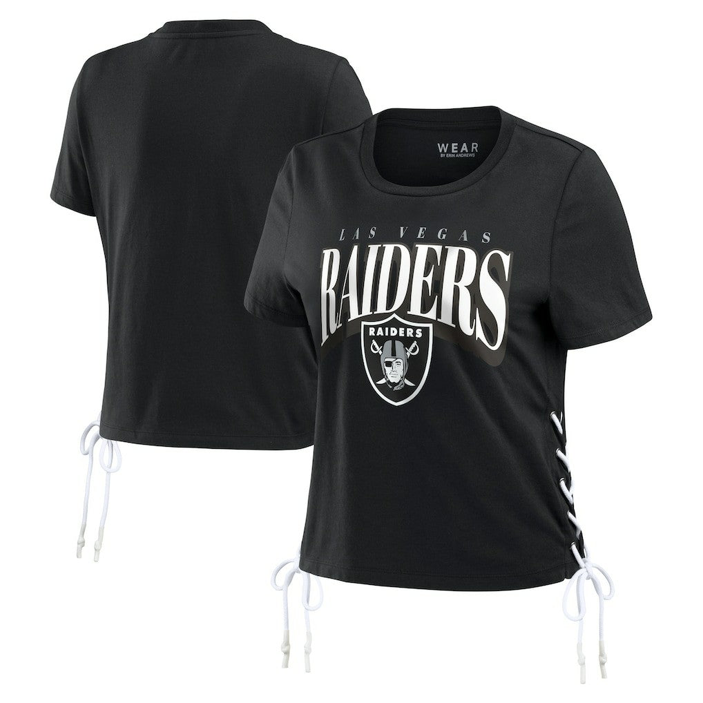 Las Vegas Raiders WEAR by Erin Andrews Women's Lace Up Side Modest Cropped T-Shirt - Black on sale