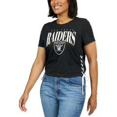 Las Vegas Raiders WEAR by Erin Andrews Women's Lace Up Side Modest Cropped T-Shirt - Black on sale
