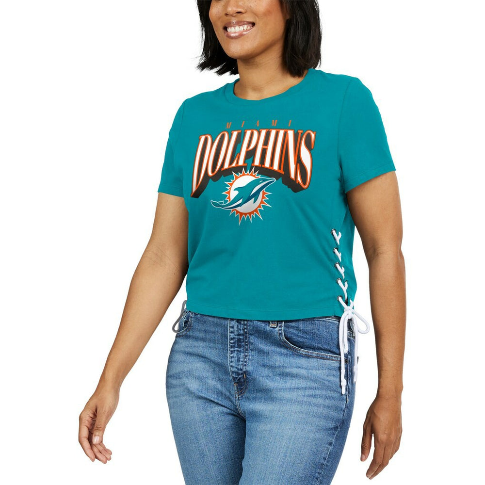 Miami Dolphins WEAR by Erin Andrews Women's Lace Up Side Modest Cropped T-Shirt - Aqua cheap
