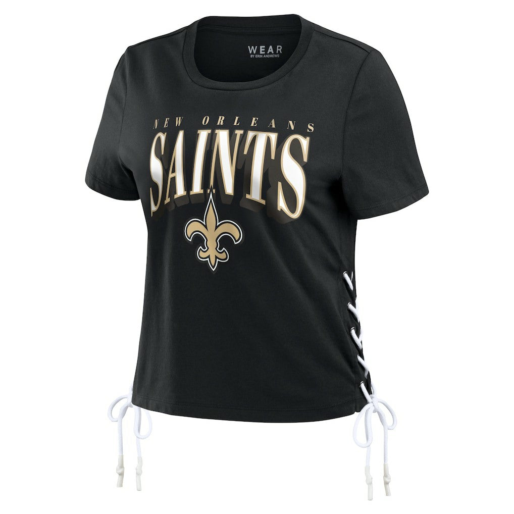 New Orleans Saints WEAR by Erin Andrews Women's Lace Up Side Modest Cropped T-Shirt - Black for sale