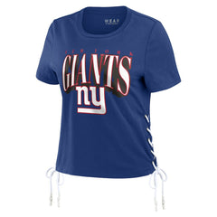 New York Giants WEAR by Erin Andrews Women's Lace Up Side Modest Cropped T-Shirt - Royal for sale