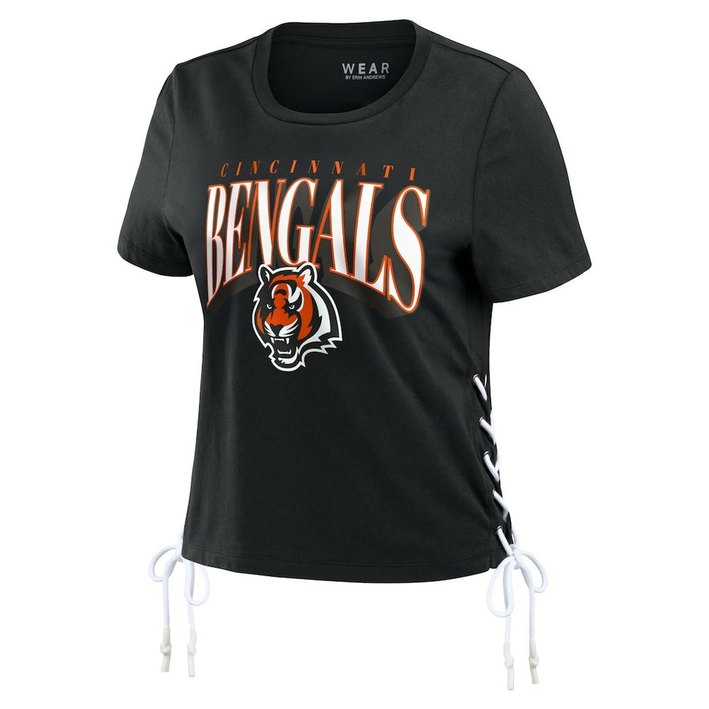 Cincinnati Bengals WEAR by Erin Andrews Women's Lace Up Side Modest Cropped T-Shirt - Black on sale