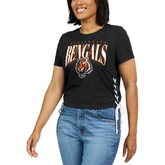 Cincinnati Bengals WEAR by Erin Andrews Women's Lace Up Side Modest Cropped T-Shirt - Black on sale